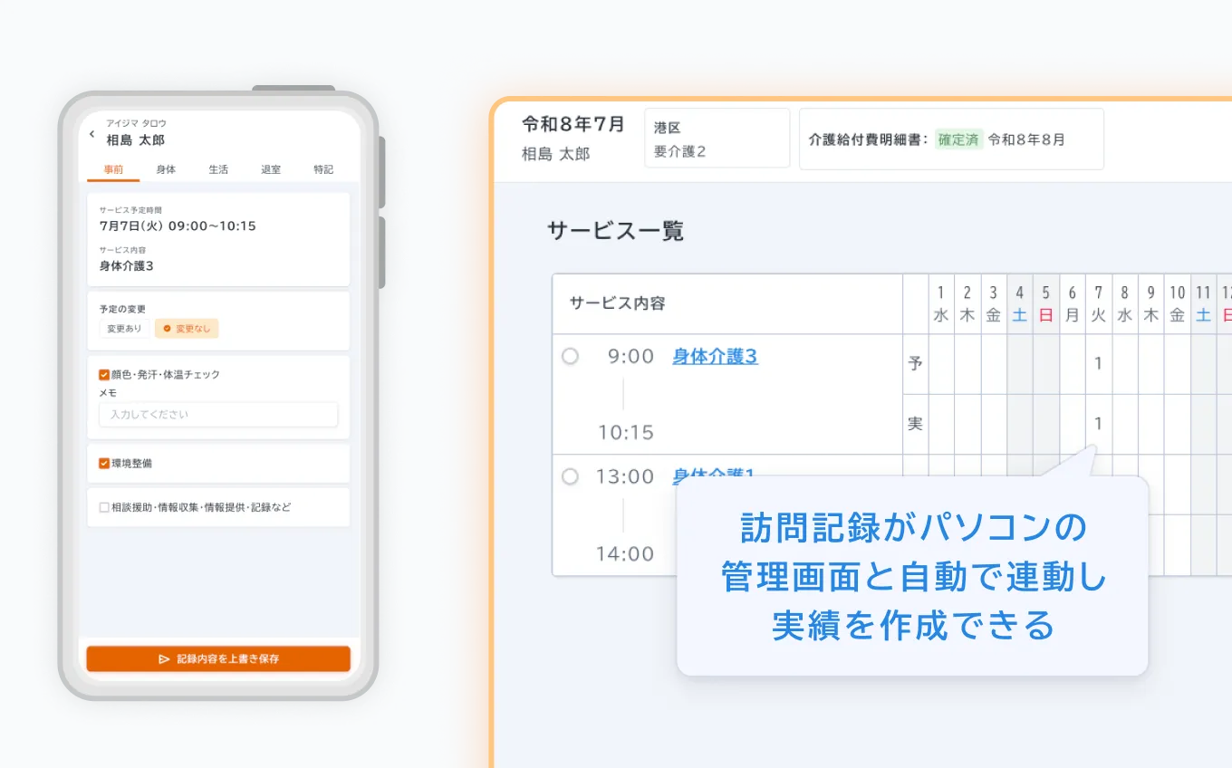 カイポケコネクトのケアアプリの操作画面。2表に記入した情報がわかりやすく反映されている。※開発中の画面です。