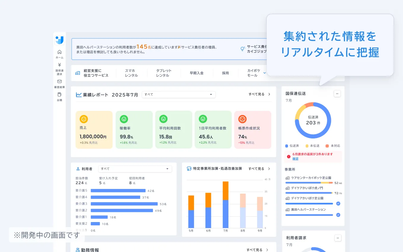 カイポケコネクトのビズアプリの操作画面。集約された情報をリアルタイムに把握している。※開発中の画面。