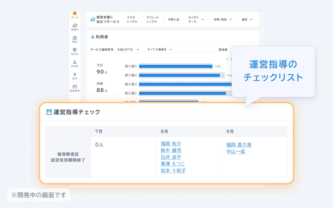 カイポケコネクトのビズアプリの操作画面。運営指導のちぇクリスとが並んでいる。※開発中の画面です。