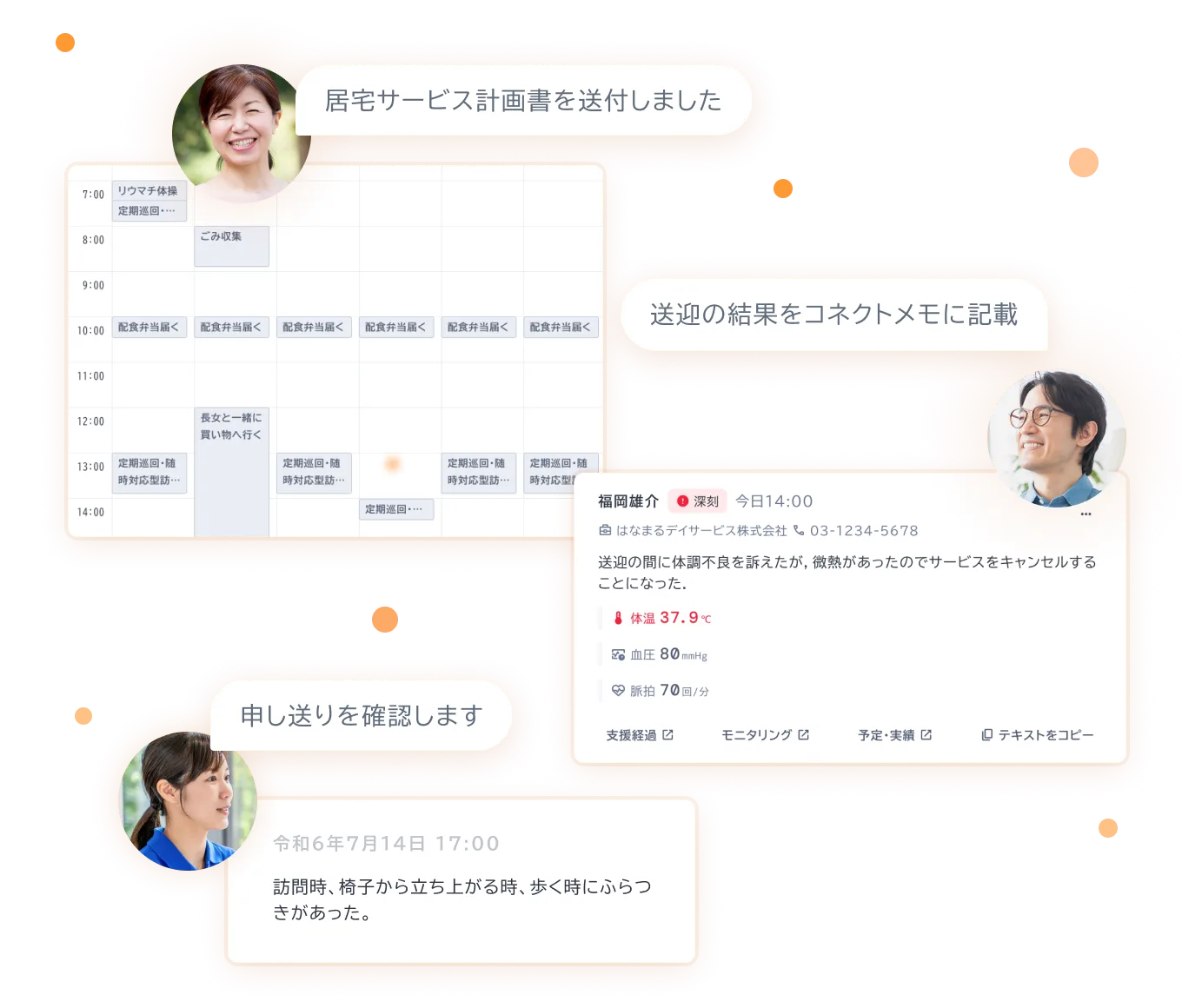 カイポケコネクトのケアアプリの操作画面と利用しているユーザー。